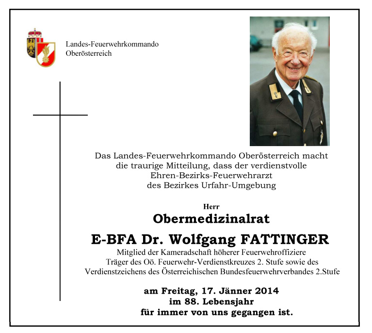 Ableben von Ehren-Bezirksfeuerwehrarzt Dr. Wolfgang Fattinger